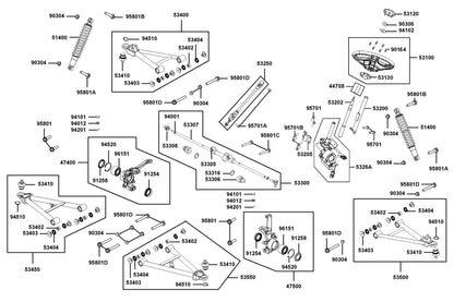 KYMCO Cushion Assy Fr and Wheel Assy Steering exploded-view diagram, UXV 700