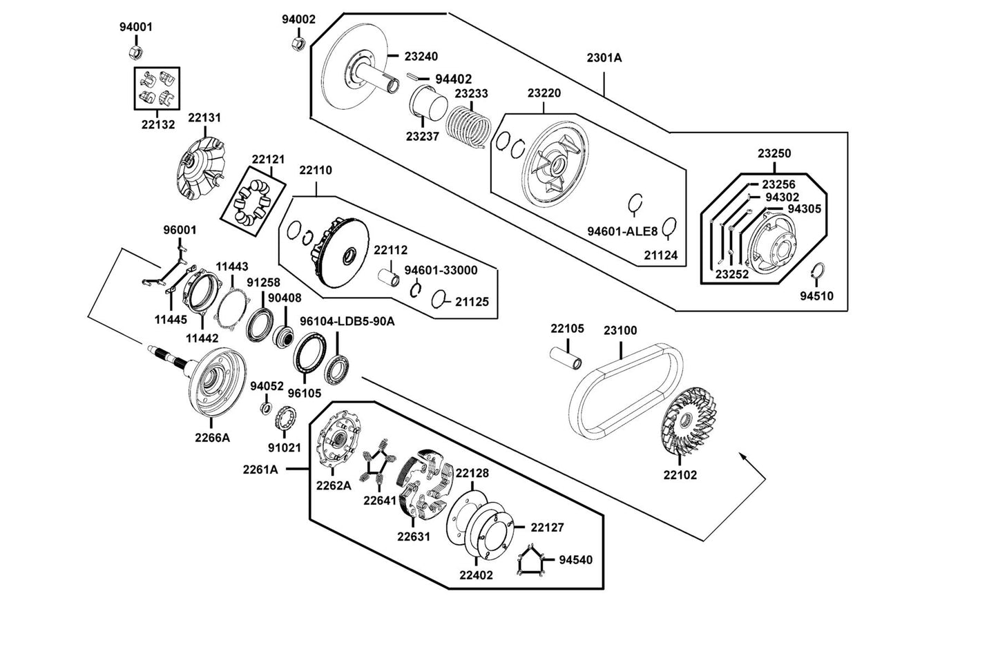 Clip 43mm — 94601-ALE8-E00 — KYMCO exploded-view diagram