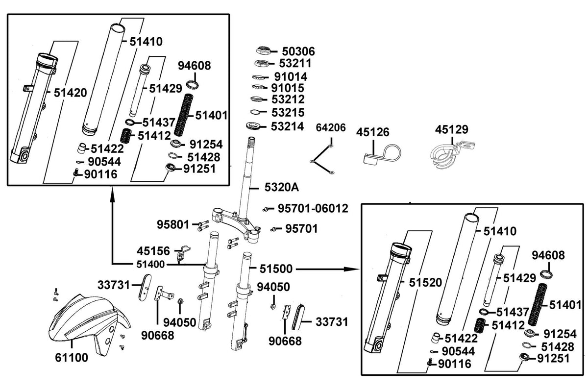 KYMCO Stem Steering and Front Cushion exploded-view diagram, Super 8 150