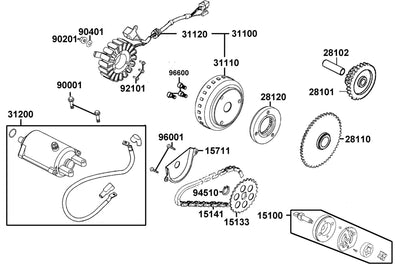 KYMCO Starting Motor and Oil Pump exploded-view diagram, X-Town 300i ABS