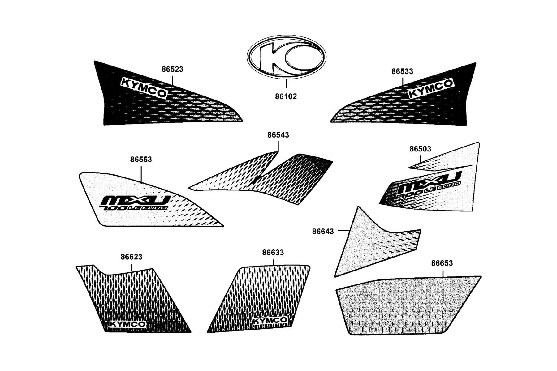 Stripe B L Fr Fender — 86543-AGA9-M30-T03 — KYMCO exploded-view diagram