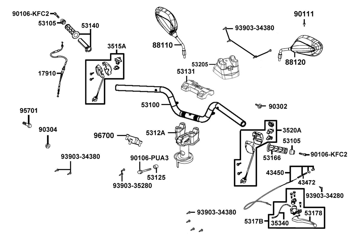 KYMCO Handle Steering and Handle Cover exploded-view diagram, Super 8 50