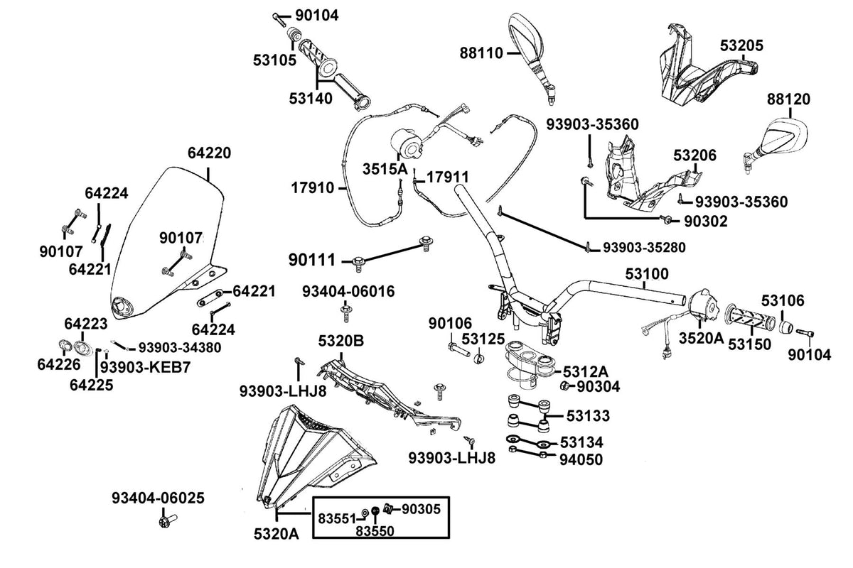 KYMCO Handle Steering and Handle Cover exploded-view diagram, X-Town 300i ABS