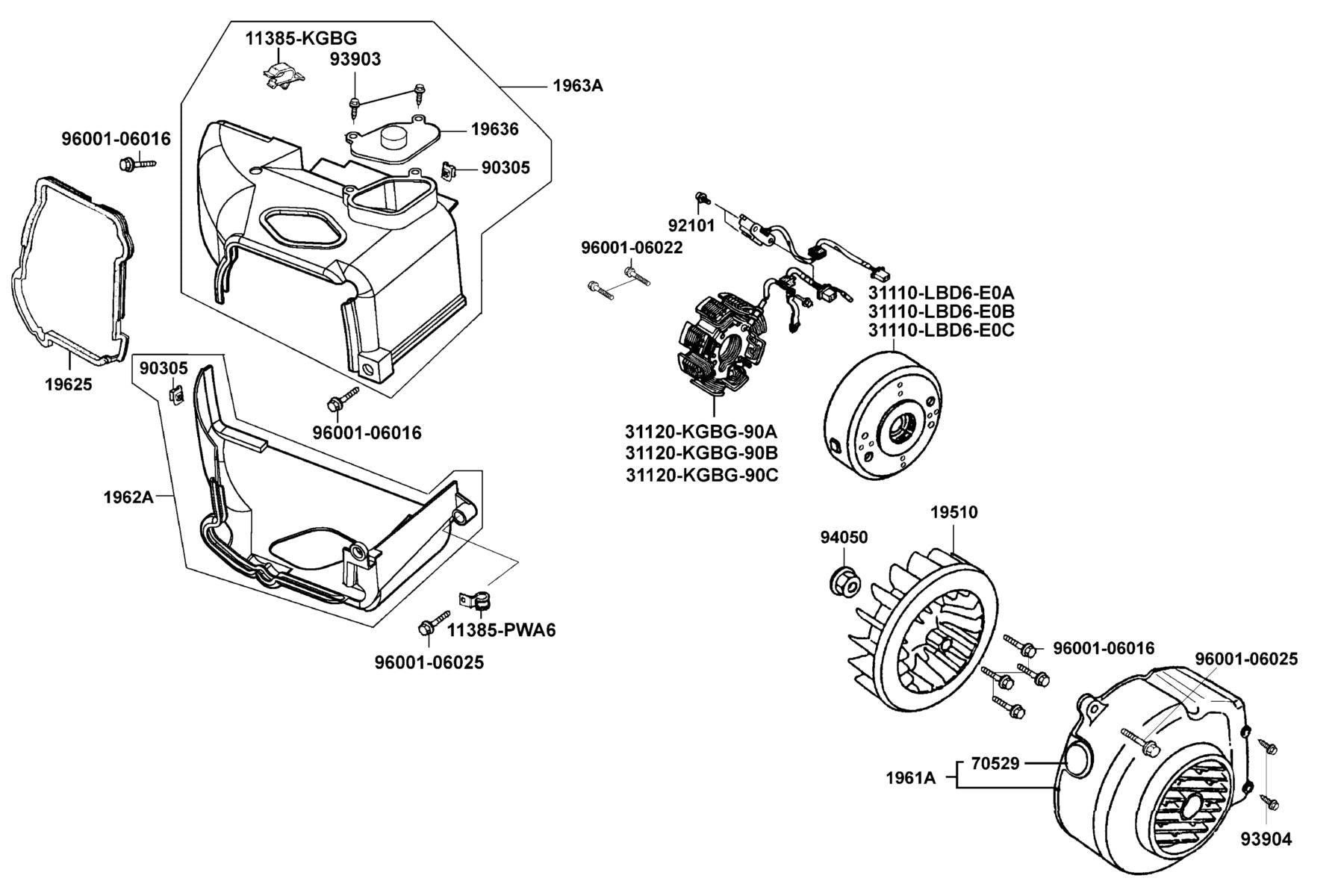 KYMCO Fan Cover and Generator exploded-view diagram, MONGOOSE 70