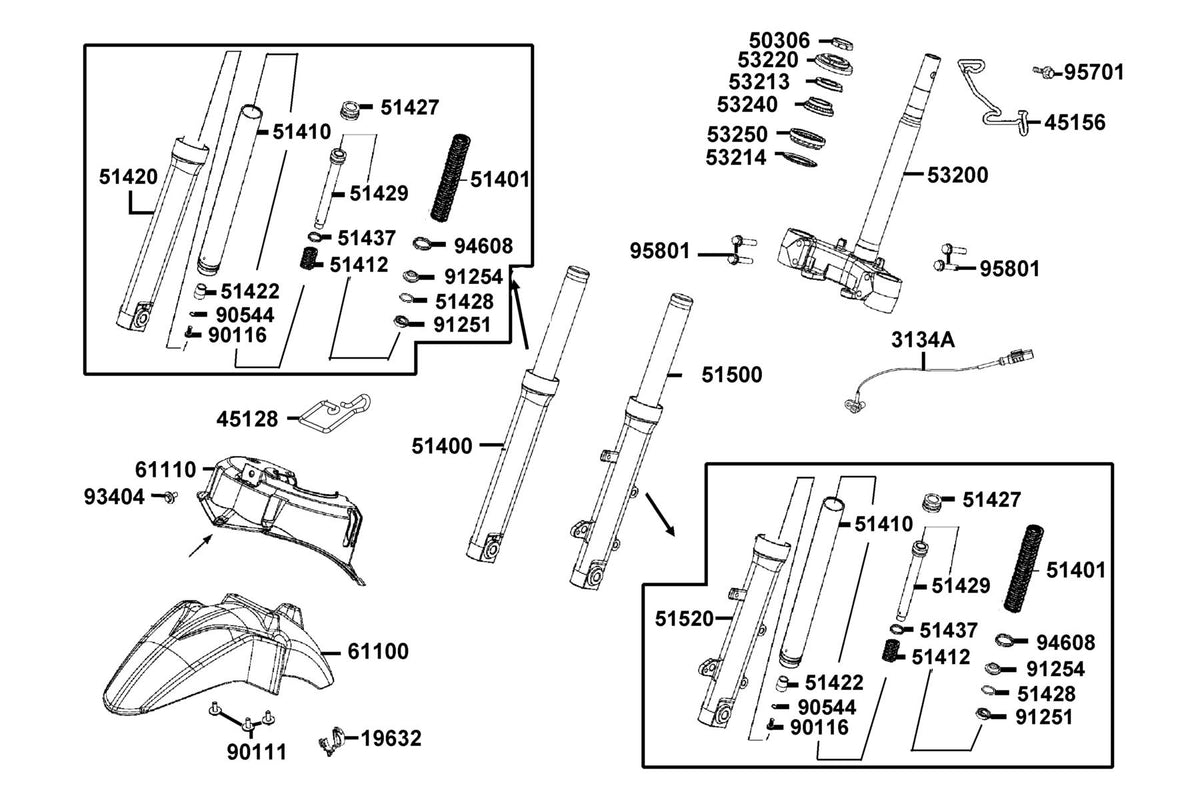 KYMCO Stem Steering and Front Cushion exploded-view diagram, People S 150i ABS
