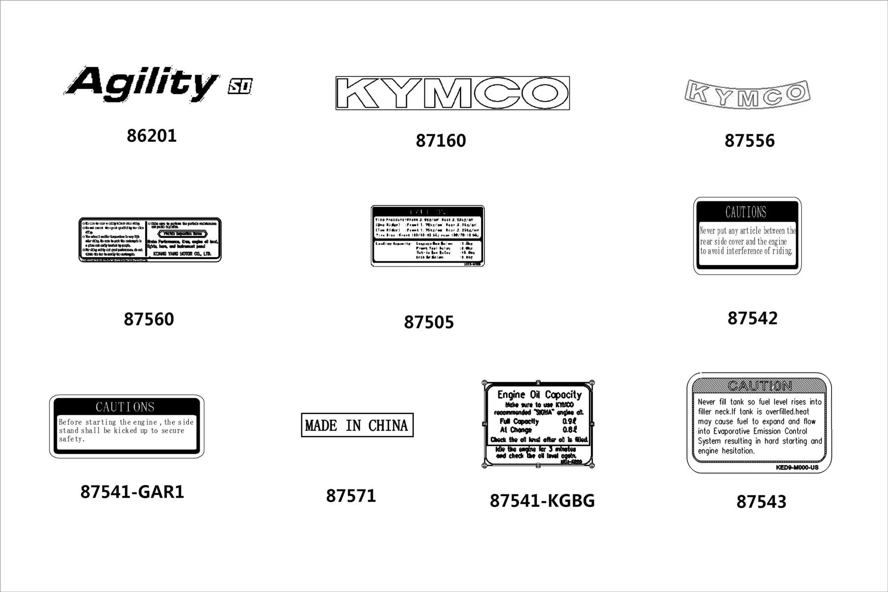 KYMCO Emblem and Stripe exploded-view diagram, Agility 50