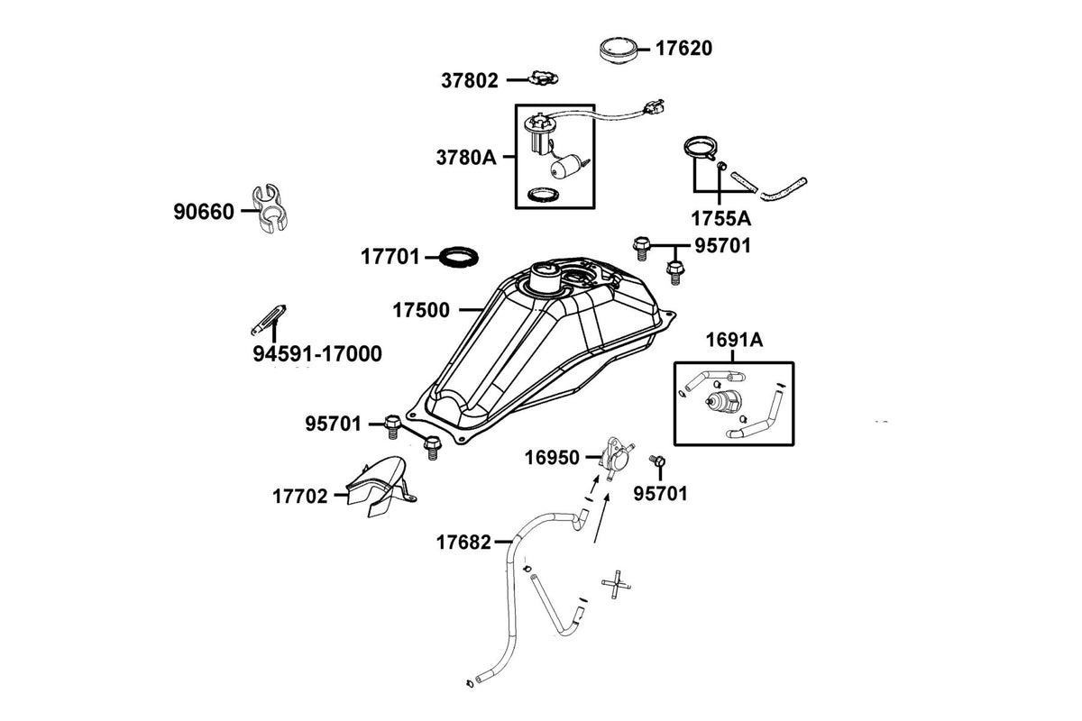 KYMCO Fuel Tank exploded-view diagram, K-Pipe 125