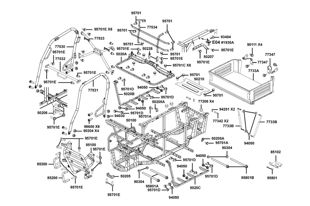 KYMCO Body Comp Frame and Cargo Bed Assy exploded-view diagram, UXV 450