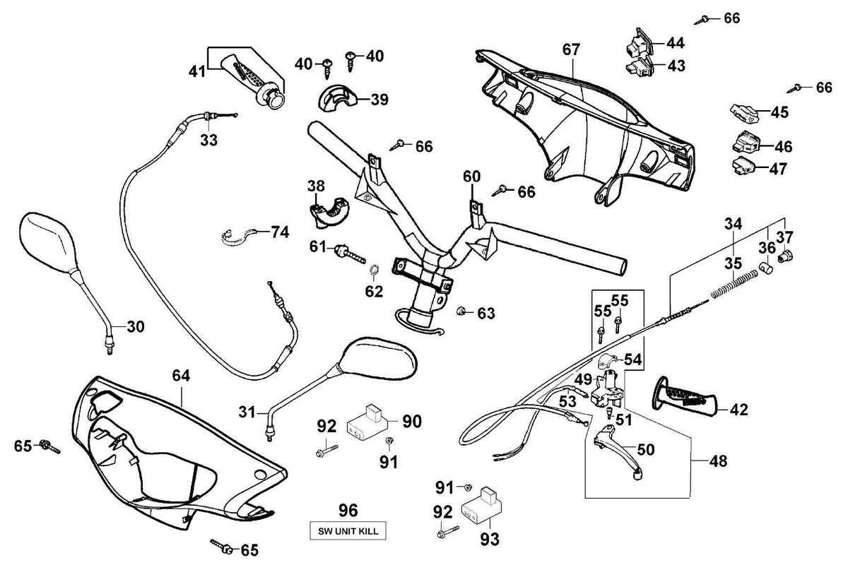 KYMCO Handle Steering and Handle Cover exploded-view diagram, Filly 50