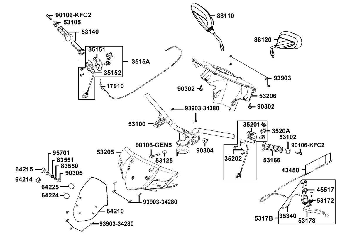 KYMCO Handle Steering and Handle Cover exploded-view diagram, Super 8 50