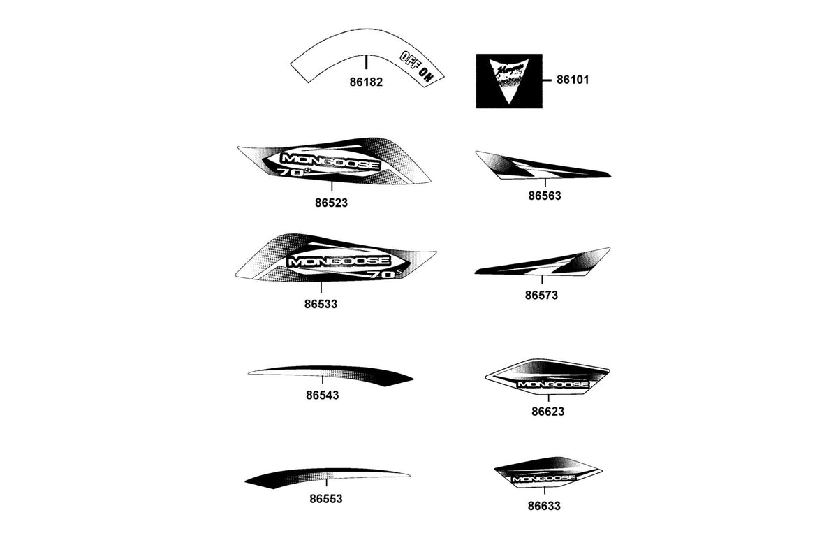 KYMCO Emblem and Stripe exploded-view diagram, MONGOOSE 70