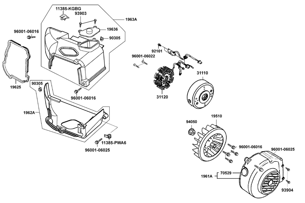 KYMCO Fan Cover and Generator exploded-view diagram, MONGOOSE 70