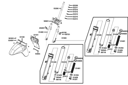 KYMCO Stem Steering and Front Cushion exploded-view diagram, Like 50 2T