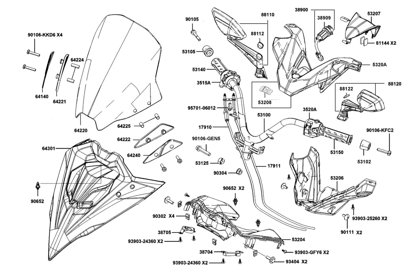 Cover Handle Up Assy (black) — 5320A-BAA7-E00-N1R — KYMCO exploded-view diagram