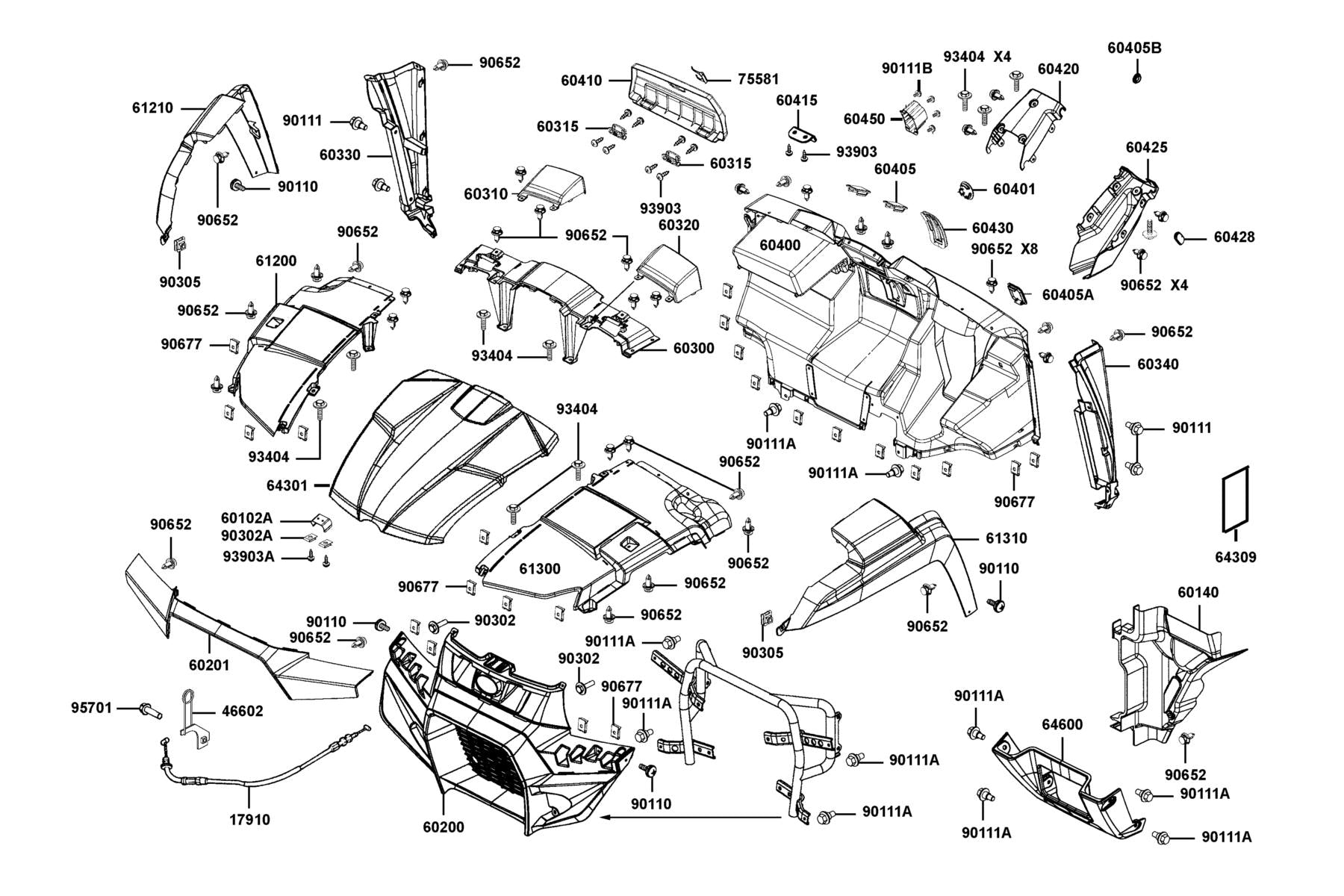 Side Panel Rh Front — 60330-ALE8-E00-YSR — KYMCO exploded-view diagram