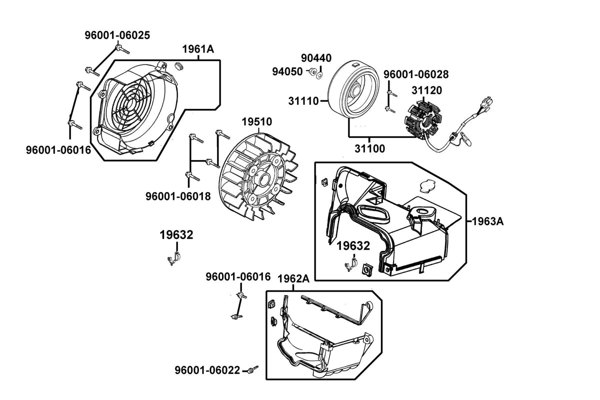 KYMCO Fan Cover and Generator exploded-view diagram, Like 150i ABS