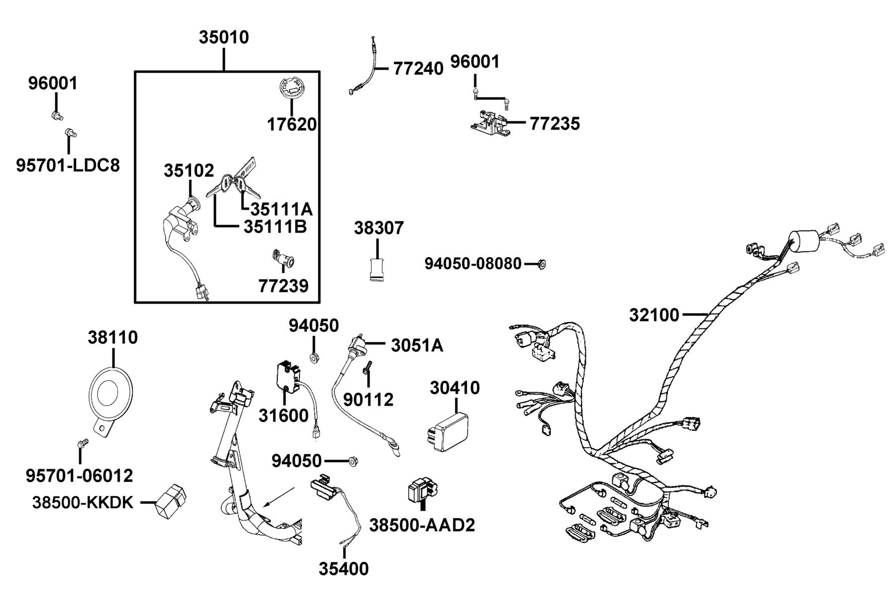 "cable.,seat Lock" — 77240-LGB5-E10 — KYMCO exploded-view diagram