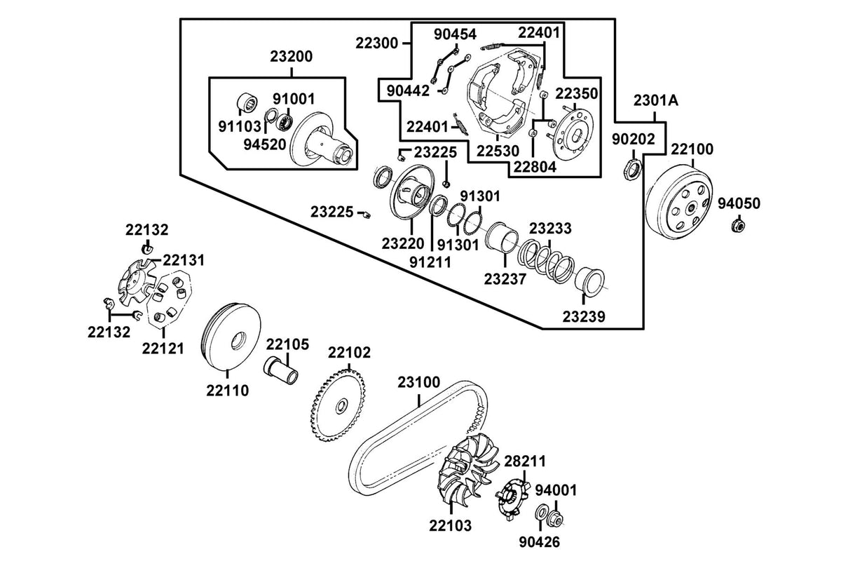 KYMCO Driven Pulley exploded-view diagram, Like 50i