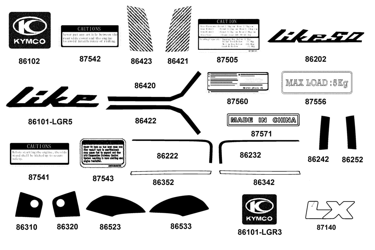 KYMCO Emblem and Stripe exploded-view diagram, Like 50 2T