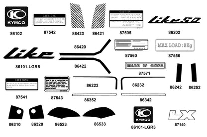 KYMCO Emblem and Stripe exploded-view diagram, Like 50 2T