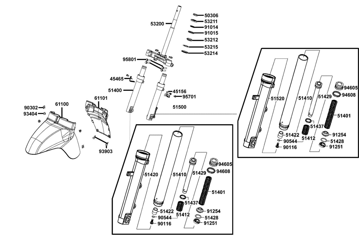 KYMCO Stem Steering and Front Cushion exploded-view diagram, Like 50 2T