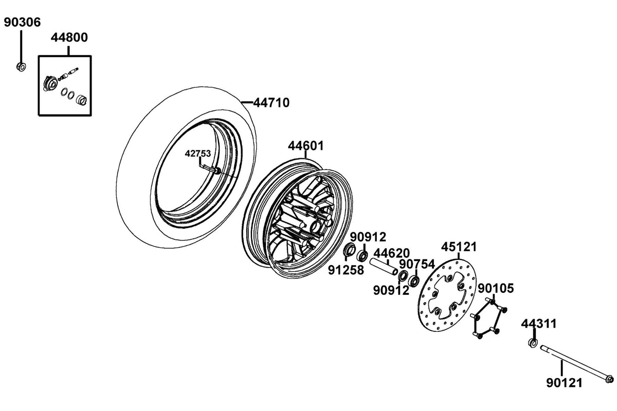 KYMCO Front Wheel exploded-view diagram, Like 50 2T