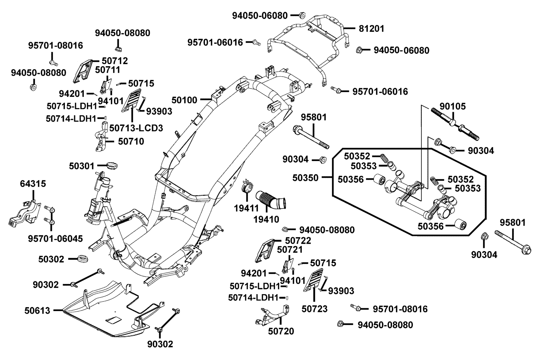 KYMCO Frame Body exploded-view diagram, People S 50